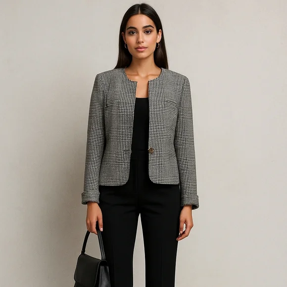 Giorgio Armani Plaid Houndstooth Collarless Wool Blazer Jacket Size 42/6 - Picture 1 of 6